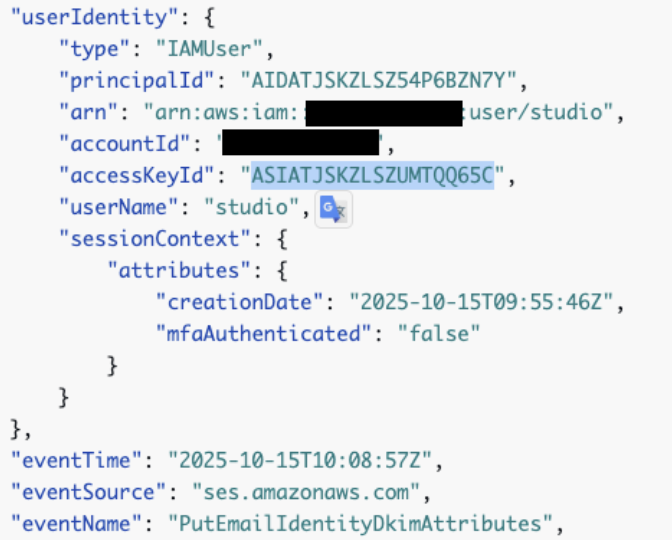 CloudTrail showing unauthorized IAM user